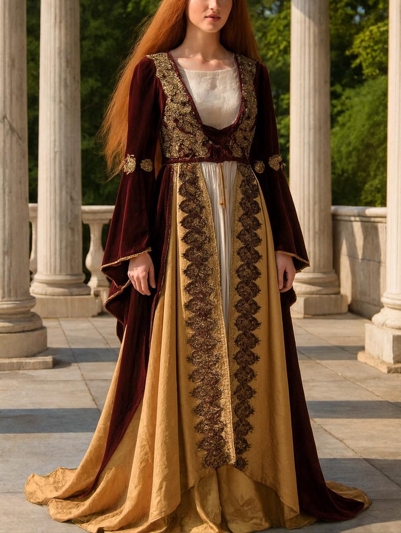 Burgundy and Ivory Robe Dress,medieval Dress, Embroidered Gown,kaftan ...