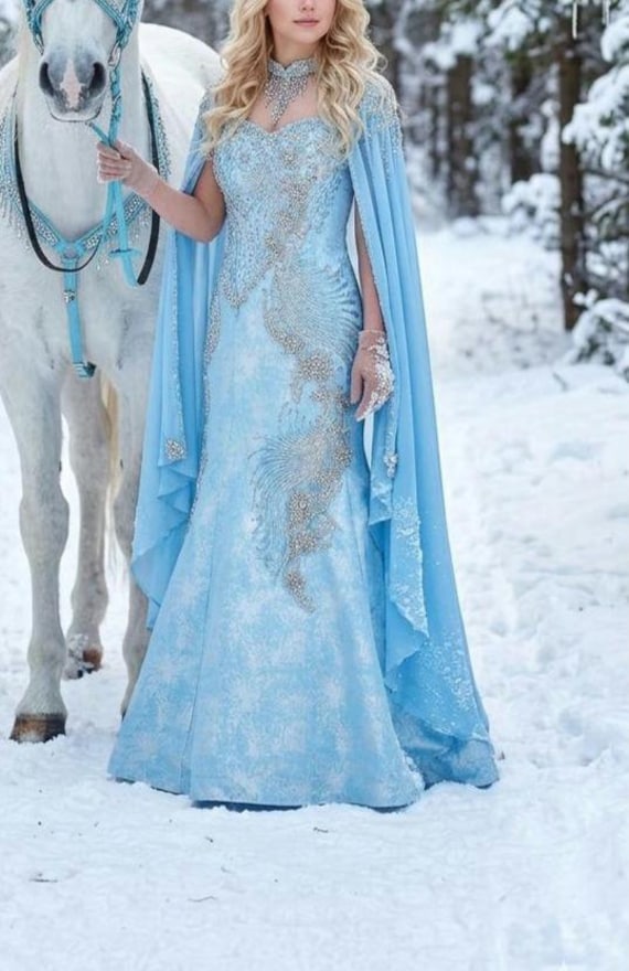 medieval princess dress blue Snow princess Blue & gold embroidered medieval dress, cape and slip for size 8Usa, 38 EU