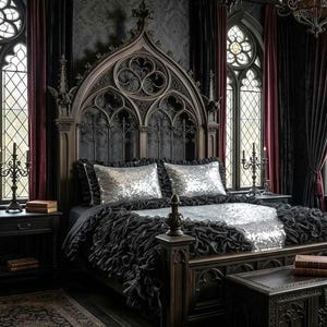 Gothic Black & Silver Bedcover set, ruffled bed cover,boho home decor,room separator,boho wedding tent,luxury bedspread,sequin bedcover