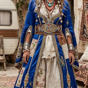 May include: A long blue coat featuring intricate gold embroidery and colorful gemstone accents, worn over a layered cream-colored outfit with lace details. The ensemble includes a matching jeweled headpiece, a wide embellished belt, and layered necklaces.