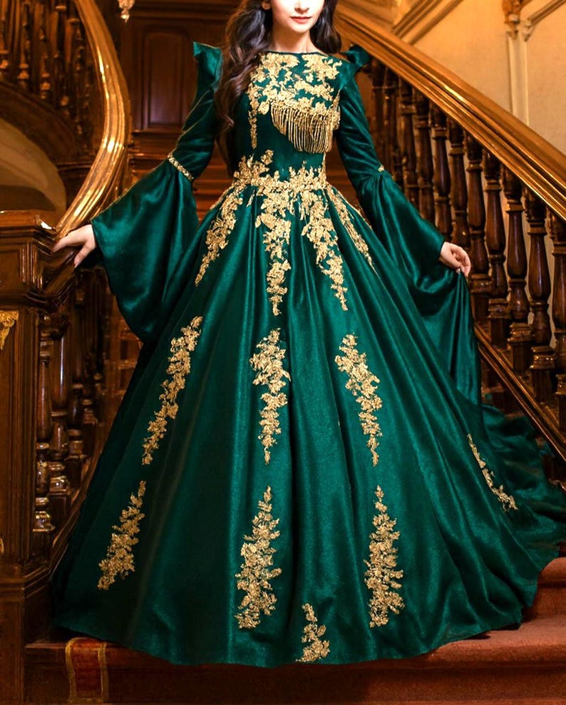 Emerald Green L,XL 12 14 Usa Embroidered Medieval Dresses, Elven Gown ...