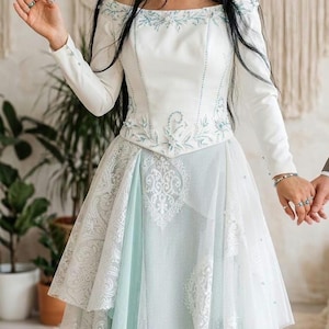 Bohemian shoulderless vintage wedding dress,Romantic  shabby lace- green beaded dress, Midi, Pixie dress/fairytale