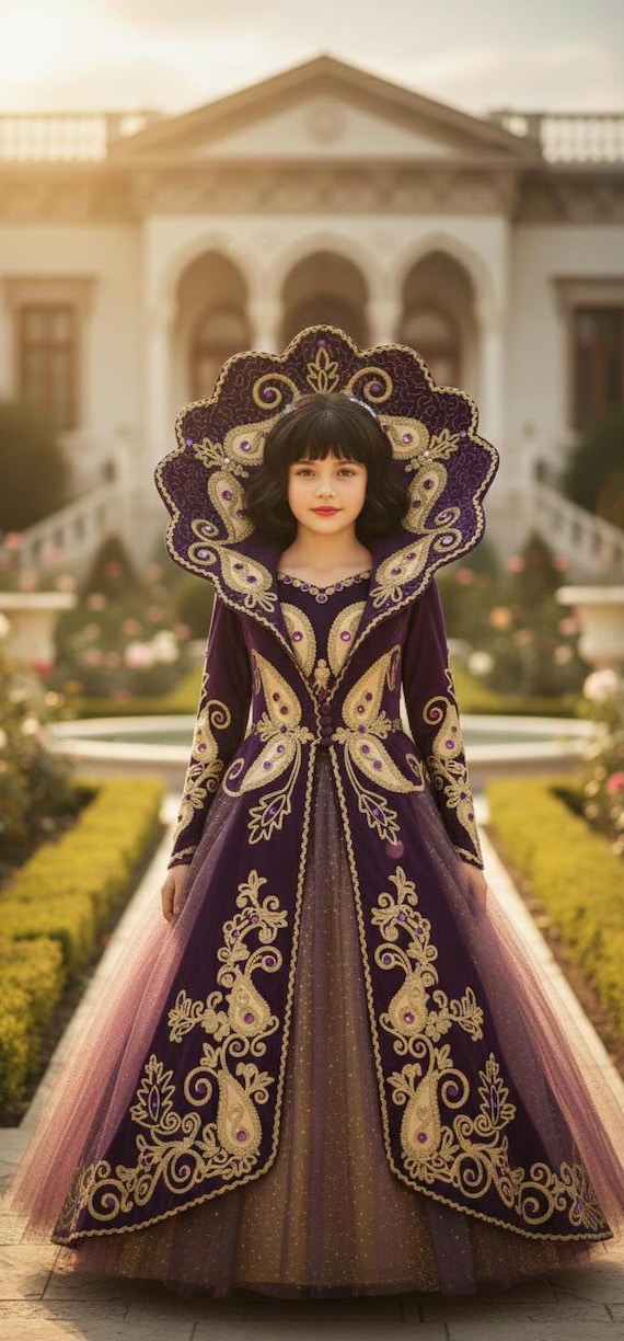 Snowwhite fairy Purple Gold gown,elven dress,vintage ethnic wedding dress,purple evening prom dress,recycled XS, S girls fairytale costume