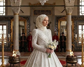 Vestido de noiva estilo vitoriano com gola alta e mangas bufantes, vestido de noiva com lantejoulas brilhantes, casamento elegante e discreto, casamento islâmico de luxo.