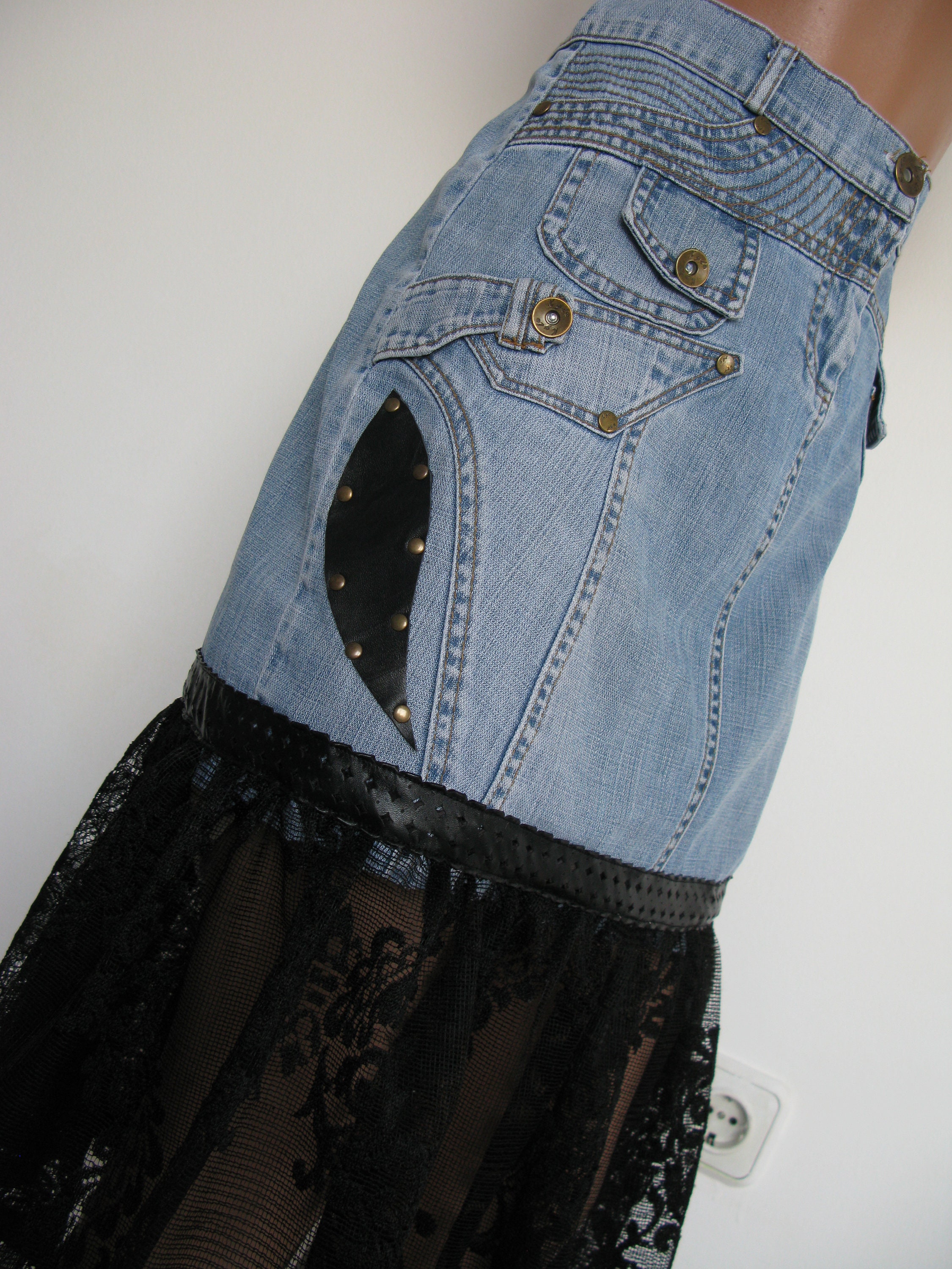Recycled Denim Lace Skirt/ S-M Denim Midi Skirt/ Steampunk Skirt 
