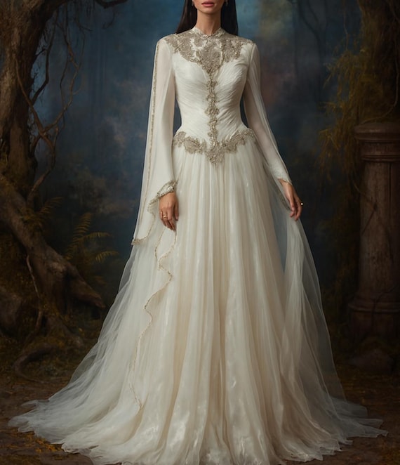 dream dress bridal and formal Unique Style Ivory Wedding Regal Crystal Embellished Gown - Unique Cape Sleeve Bridal Dress Wedding Dress OOAK Bridal shop