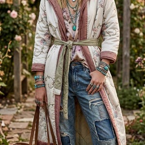 Boho fluffig kimono-kappa i återvunnen, quiltad, shabby chic-kappa i ooak-stil, patchwork i cottagecore, Magnolia Pearl-stil, hållbara kläder