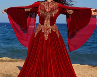 Red-burgundy & gold velvet medieval dress,embroidered elven gown,S M  sizes gown,recycled gown,historical costume