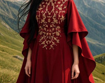 Burgundy embroidered medieval dress, royal evening dress,historical recycled dress   M L size elven gown self cape