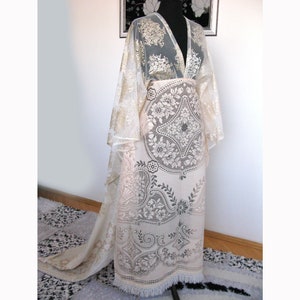 Vintage lace ethical long wedding overdress/Free spirit Boho Hippie Wedding Dress 1980s polyster lace /mother of bride dress/flutter dress