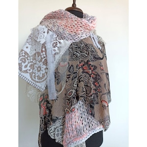 Art to wear shawl, grey - pink shawl, hand knitted shawl,boho lace shawl/ winter clothing recycled shawl