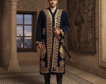 Men's medieval darkblue coat, men kimono ,velvet & gold men coat,embroidered beaded men ethnic kaftan,royal kaftan