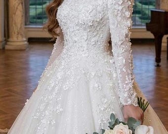 Vestido de novia moderno y modesto con estampado floral, reciclado, flores 3D, romántico, tallas 36 y 38 EU, estilo boho floral reciclado.