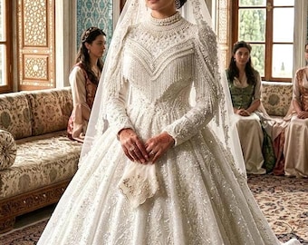 Couture Hijab Wedding Dress, Victorian Inspired Bridal Gown, Beaded Fringe Modest Gown, Opulent Sparkly Ballroom Wedding,recycled bridal