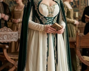 Renaissance gorgeous embroidered medieval recycled  dress,khaki green elven dress M Sale for a short time!