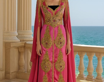 Fuschia gorgeous,beaded Kaftan medieval dress, embroidered gown, M size gown recycled gown,flutter sleeves,robe dress