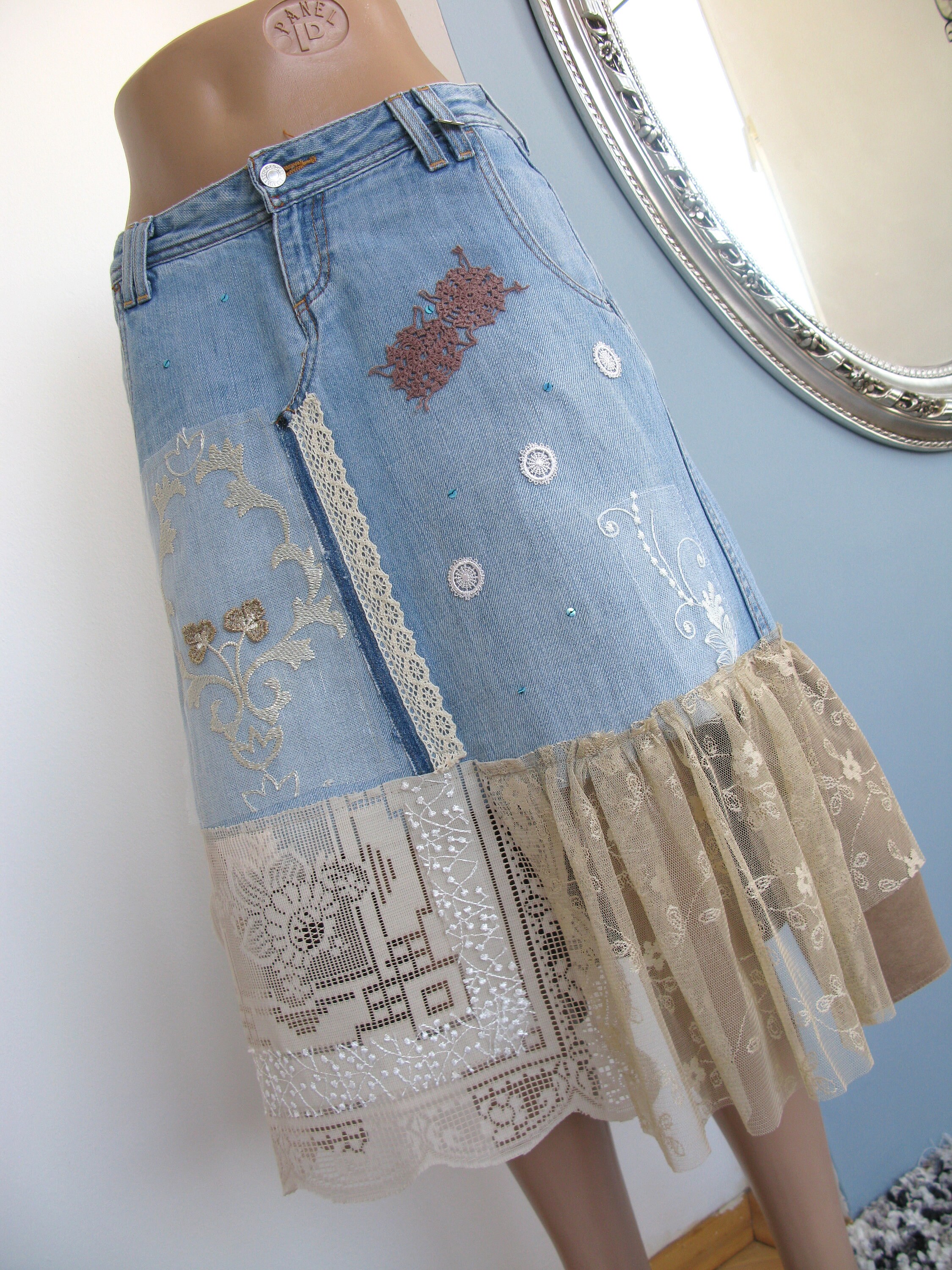 Jeans skirt/tattered jeans/Crazy recycled denim skirt Etsy