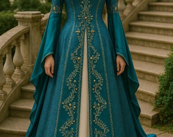 Turquose medieval dress, embroidered historical dress,green gown,bellsleeves,kaftan &headpiece