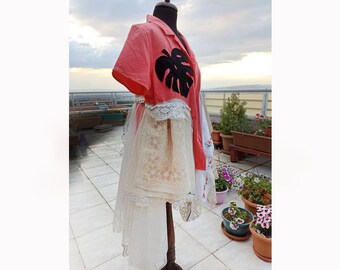 Splendido spolverino rosa arancione, spolverino boho, spolverino riciclato