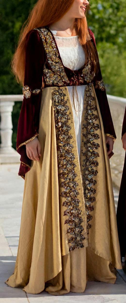 Burgundy and Ivory Robe Dress,medieval Dress, Embroidered Gown,kaftan ...