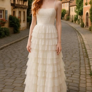 Ruffled ivory wedding dress/ S-M / 6-8 USA/ Recycled / embellished with doily/ Lace ruffled dress