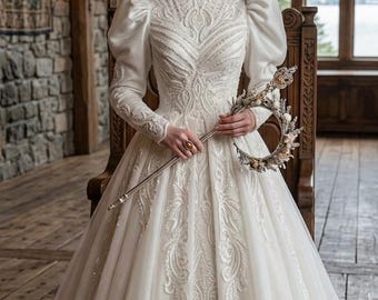 Victorian High Neck Wedding Dress with Puffy Sleeves,Pearl Embellished Ball bridal,Vintage Modest Bridal Dress,edwardian wedding gown