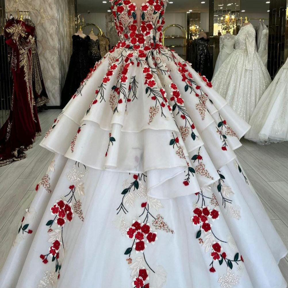 white wedding dress with red accents white wedding dress with red accents A-line Wedding Dress With High Slit,Red White Bridal Gown,WD01035, US24W / Ivory