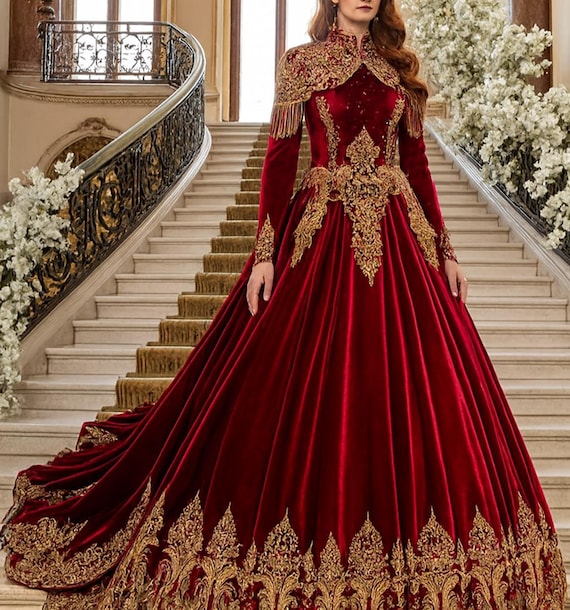 green emerald velvet dress Burgundy dress with gold feathers on hem and sleeves main image 1