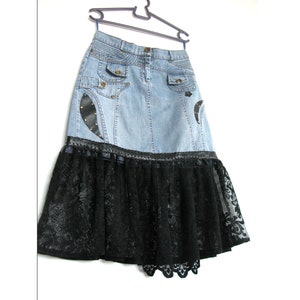 Recycled denim lace skirt/ S-M denim midi skirt/ steampunk skirt/black lace