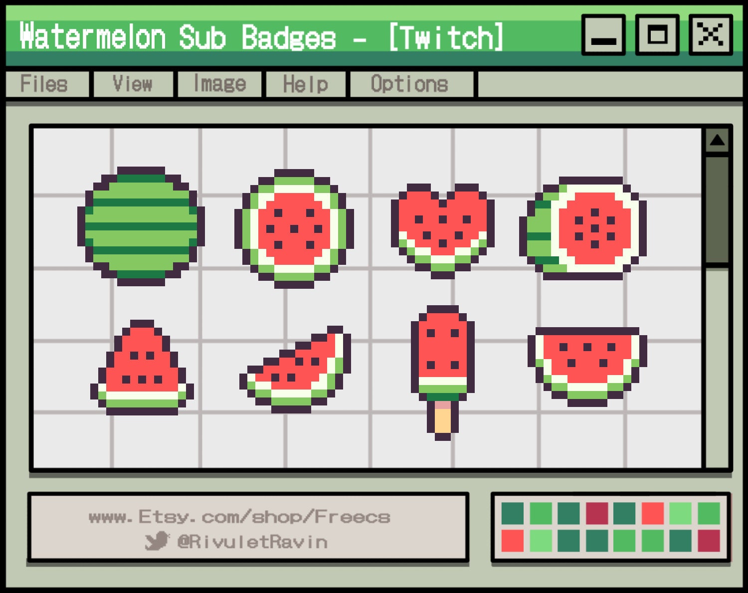 16px top-down fruits icons set, pixel art, peach, watermelon