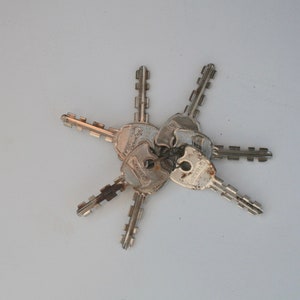 May include: A collection of silver keys, arranged in a circular formation. The keys show signs of wear and tear. The key heads have detailed patterns and markings, indicating they are for different locks. The keys are made of metal.
