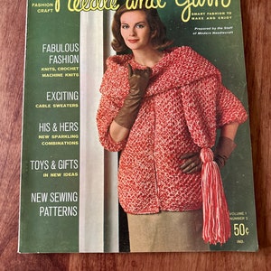May include: Vintage "Needle and Yarn" magazine cover showing a woman in a red and white knitted jacket and brown gloves. The cover includes text about fashion, knitting, crochet, and sewing patterns.