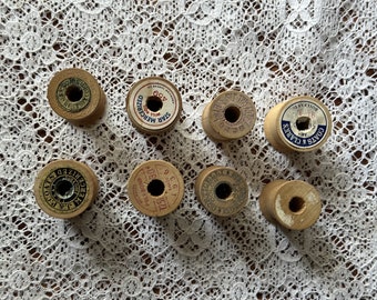 8 Vintage Wood Thread Sewing Spools Without and With Labels