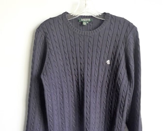Lauren Ralph Lauren Petite Navy Blue Pullover Sweater Crew Neck Long Sleeves Cable Knit Cotton Top P/L
