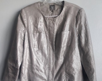 Women's Vince Camuto Linen Jacket Blazer Silver Metallic Cropped Zip Front Top Three Quarter Sleeves, Size 10