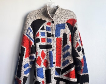 Vintage SSG by Catharine Lover Colorblock Button Down Cardigan Knit Sweater Retro Funky Style Multi-color Wool mix Outwear, Size S