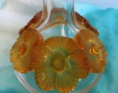 Lalique France Clear Crystal Atossa Vase, Frosted Amber Flowers Embellished, Art Glass, Signed