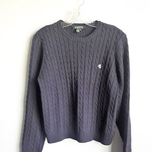 Lauren Ralph Lauren Petite Navy Blue Pullover Sweater Crew Neck Long Sleeves Cable Knit Cotton Top P/L