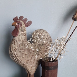 Hand-Carved Wooden Rooster w/ Wooden Vase, Folk Art Chicken, Collectible Farmhouse Rustic Decor,  Hand-Painted Giftware Multi-color Vintage
