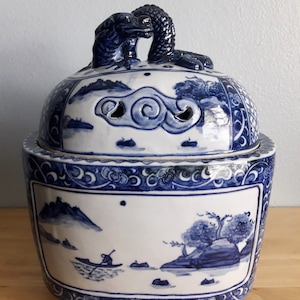 Vintage Blue White Japanese Ceramic Koro Censer Incense Burner Holder, Covered Jar w/ Scenic Panels Home Decor Collectible Kutani Gift Item