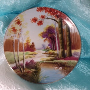 Vintage Ucagco China Decorative Wall Plate,Made in Occupied Japan Collectible, Hand-Painted, Autumn Lake Landscape Scenery, Gold Trim 7 1/2”