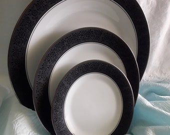 Noritake Mirano Salad Plate: White Porcelain with Black Floral Band, Platinum Trim (8 1/4&quot;)