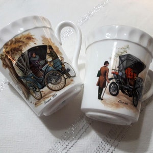 Crown Staffordshire Fine English Bone China Coffee Mugs 2, Teacups with Antique Motor Cars Motifs -Fiat & Peugeot Images Gift Items Vintage
