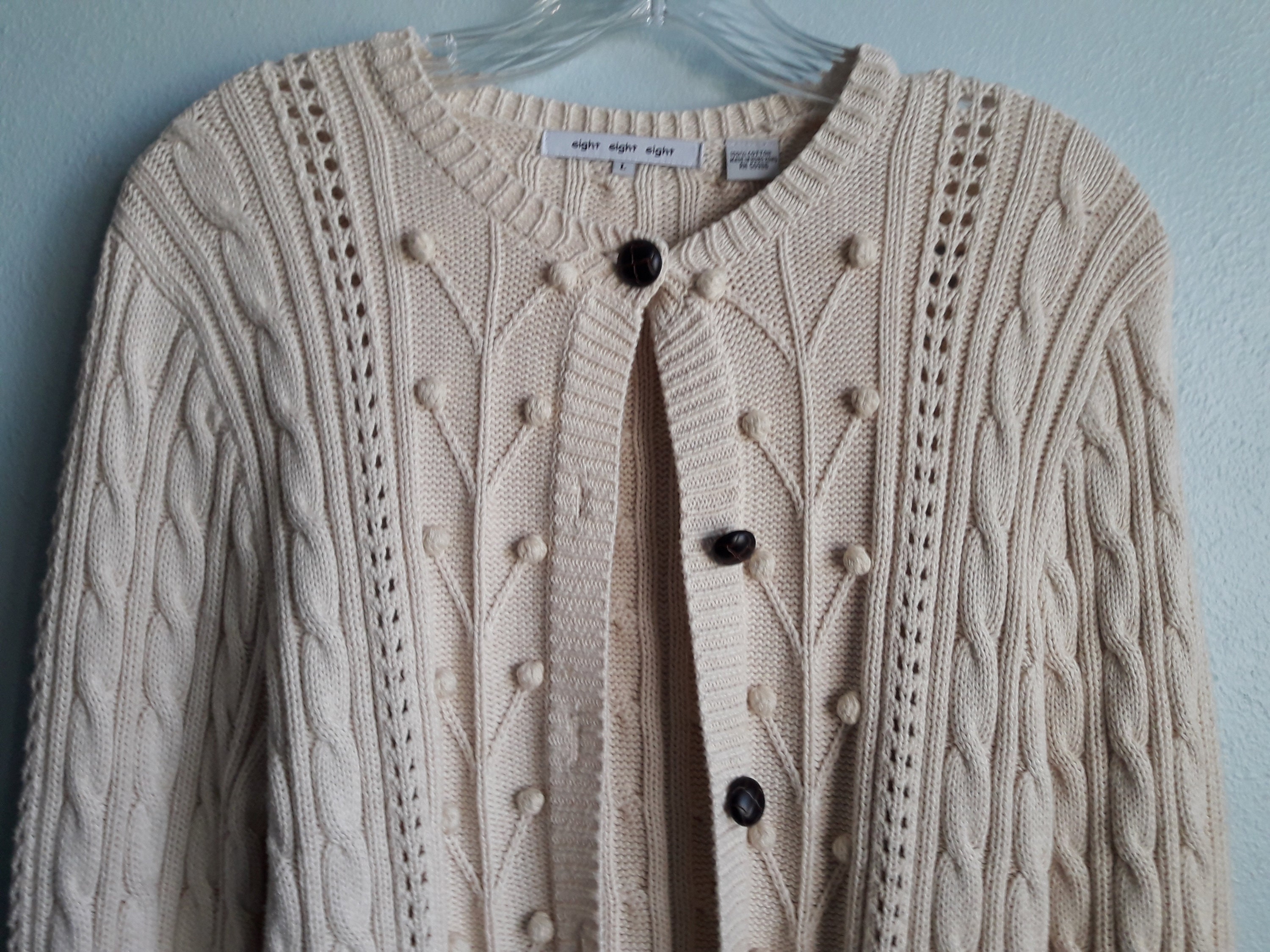 Womens Beige Knit Cardigan Sweater Crew Neck Long Sleeves - Etsy Hong Kong