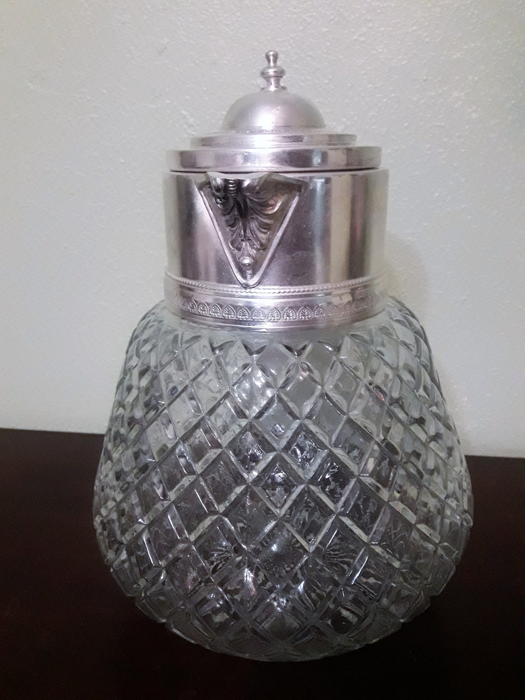 Large Glass Serving Pitcher W/ Ornate Top, Spout, Wine Claret Jug