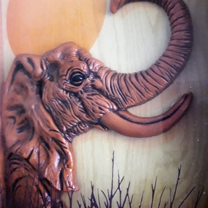 Vintage 3D Brown Elephant Under Yellow Sun, Handmade Decorative Wall Art Wooden Shadow Box Frame Desktop Home Decor Unique Gift Item 1970s