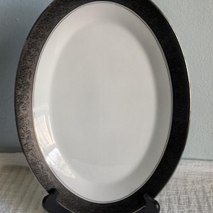 Vintage Noritake Oval China Serving Platter White w/ Black Floral Embossed Lip Serving Plate 14” Serve-ware Tableware Mirano 6878 Giftware