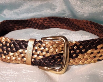 Vintage Marciano Women's Fashion Woven Adjustable Belt, Dark Brown/Gold, Leather Braided Style Gold Hardware Women Accessory XS/S Mod Boho