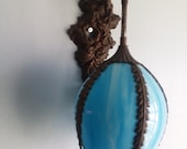 Art Nouveau Tiffany Style Stained Slag Glass, Panel Tulip Lotus Lamp Globe Shade Wall Scone Lighting, Metal Fixture, Blue White Vintage