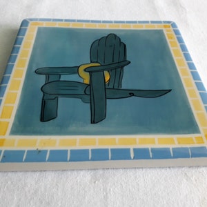 Brushes K.I.C. Decorative Ceramic Tile Trivet w/ Green “Deck Chair” Pattern, Multi-color Hand Painted Collection Stonemite Home Decor 5.75”